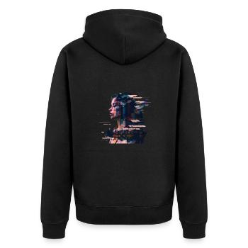 Portrait einer Frau mit einer Stadt - Unisex Premium Bio Zip Hoodie - Schwarz - Hinten - Nico (187cm)