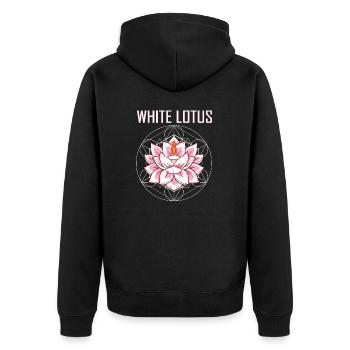WHITE LOTUS DESIGN I LOTUSBLUME - Unisex Premium Bio Zip Hoodie - Schwarz - Hinten - Nico (187cm)