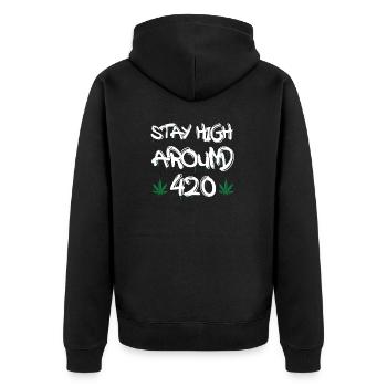 MARIHUANA SMOKE 420 CANNABIS WEED HANF DESIGN - Unisex Premium Bio Zip Hoodie - Schwarz - Hinten - Nico (187cm)