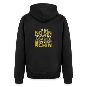 Es ist keine Sünde, meine Soße auf dein Kinn - Unisex Premium Bio Zip Hoodie - Schwarz - Hinten - Nico (187cm)