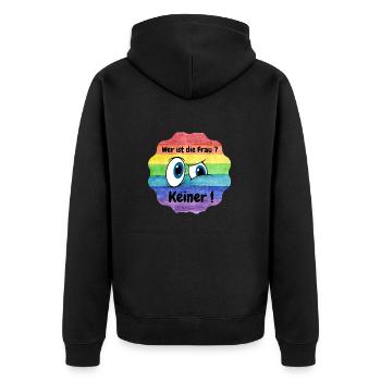 wer ist die Frau, LBTQ, CSD - Unisex Premium Bio Zip Hoodie - Schwarz - Hinten - Nico (187cm)