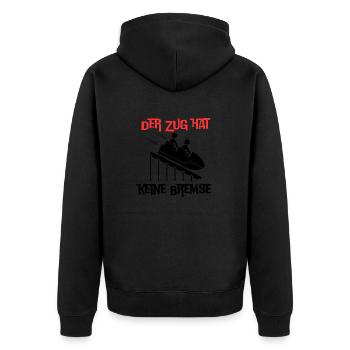 Der Zug hat keine Bremse Mallorca 2023 Party Malle - Unisex Premium Bio Zip Hoodie - Schwarz - Hinten - Nico (187cm)