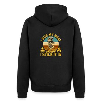 Ich reibe mein Fleisch ein, bevor ich es in den - Unisex Premium Bio Zip Hoodie - Schwarz - Hinten - Nico (187cm)