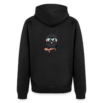 Hund Mops auf Skateboard - Unisex Premium Bio Zip Hoodie - Schwarz - Hinten - Nico (187cm)