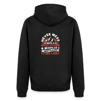 Leg dich nie mit einem Geocacher an Lustig Geocach - Unisex Premium Bio Zip Hoodie - Schwarz - Hinten - Nico (187cm)