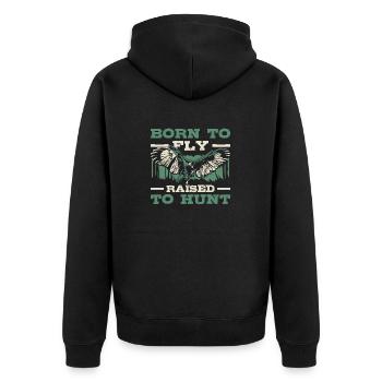 Zum Fliegen Geboren Und Zum Jagen Aufgezogen - Unisex Premium Bio Zip Hoodie - Schwarz - Hinten - Nico (187cm)