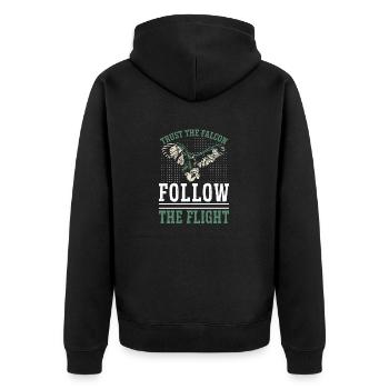 Vertrauen Sie Dem Falken Folgen Sie Dem Flug - Unisex Premium Bio Zip Hoodie - Schwarz - Hinten - Nico (187cm)