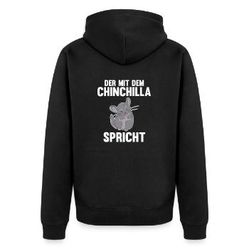 Der mit dem Chinchilla spricht - Unisex Premium Bio Zip Hoodie - Schwarz - Hinten - Nico (187cm)