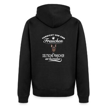 Vorsicht vor dem Frauchen - Deutscher Pinscher - Unisex Premium Bio Zip Hoodie - Schwarz - Hinten - Nico (187cm)