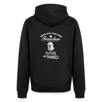 Vorsicht vor dem Frauchen - der Kuvasz ist harmlos - Unisex Premium Bio Zip Hoodie - Schwarz - Hinten - Nico (187cm)