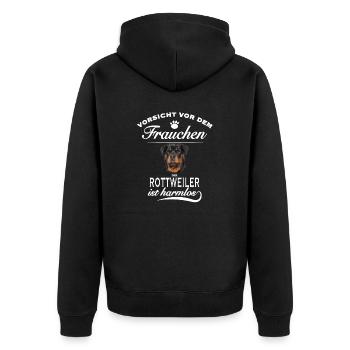 Vorsicht vor dem Frauchen - Rottweiler ist harmlos - Unisex Premium Bio Zip Hoodie - Schwarz - Hinten - Nico (187cm)