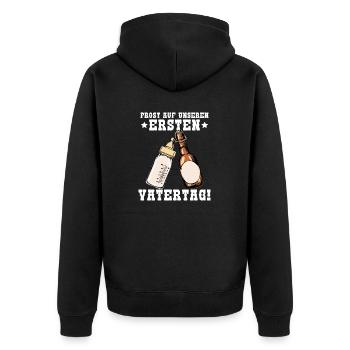 Unser erster Vatertag mit Bier und Milchflasche - Unisex Premium Bio Zip Hoodie - Schwarz - Hinten - Nico (187cm)