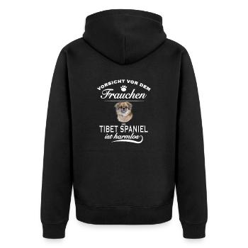 Vorsicht vor dem Frauchen, harmlos - Tibet Spaniel - Unisex Premium Bio Zip Hoodie - Schwarz - Hinten - Nico (187cm)