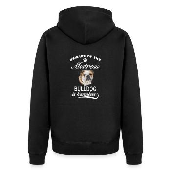 Beware of the mistress, harmless Bulldog - Unisex Premium Bio Zip Hoodie - Schwarz - Hinten - Nico (187cm)
