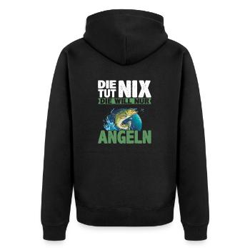 Damen Die tut nix die will nur angeln | Anglerin - Unisex Premium Bio Zip Hoodie - Schwarz - Hinten - Nico (187cm)