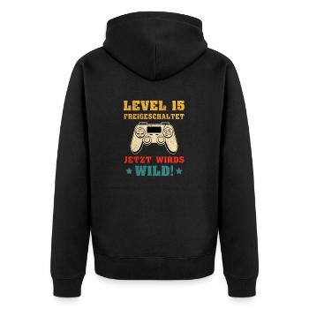 Level 15 Freigeschaltet Geburtstagsgeschenk - Unisex Premium Bio Zip Hoodie - Schwarz - Hinten - Nico (187cm)