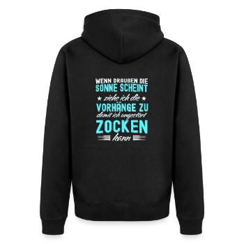 Wenn die Sonne schient, Vorhänge zu beim Zocken! - Unisex Premium Bio Zip Hoodie - Schwarz - Hinten - Nico (187cm)