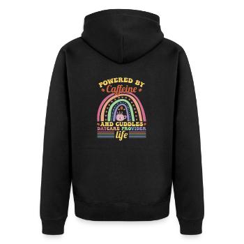 Powered By Caffeine And Cuddles - Unisex Premium Organic Zip Hoodie - black - Back - Nico (187cm)