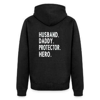 Husband Daddy Protector Hero Fathers Day - Unisex Premium Bio Zip Hoodie - Schwarz - Hinten - Nico (187cm)
