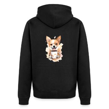 Corgi -Hund mit Kaffee -Aquarellstil - Unisex Premium Bio Zip Hoodie - Schwarz - Hinten - Nico (187cm)