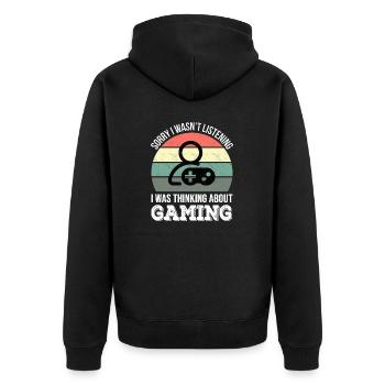 Tut mir leid, dass ich nicht zugehört habe, ich habe gezockt - Unisex Premium Bio Zip Hoodie - Schwarz - Hinten - Nico (187cm)