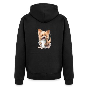 Yorkshire Terrier Hund mit Kaffee -Aquarellstil - Unisex Premium Bio Zip Hoodie - Schwarz - Hinten - Nico (187cm)