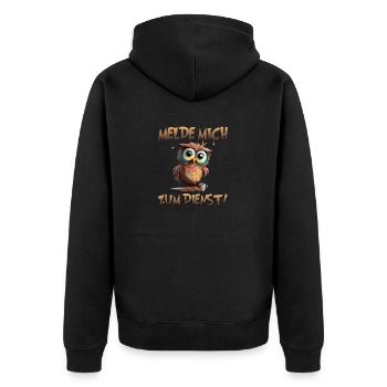 Eule Melde mich zum Dienst - Unisex Premium Bio Zip Hoodie - Schwarz - Hinten - Nico (187cm)