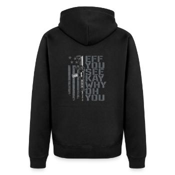 Eff Du siehst Kay Why Oh You - Lustiger Waffenrechtswitz - Unisex Premium Bio Zip Hoodie - Schwarz - Hinten - Nico (187cm)