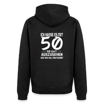 ich hasse es mit 50 weiß - Unisex Premium Bio Zip Hoodie - Schwarz - Hinten - Nico (187cm)