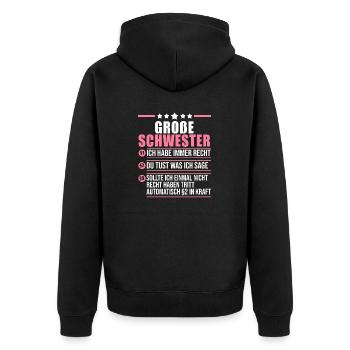 Familienmotiv Schwester - Unisex Premium Bio Zip Hoodie - Schwarz - Hinten - Nico (187cm)