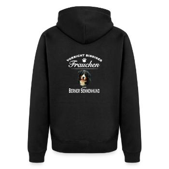 Vorsicht - Bissiges Frauchen - Berner Sennenhund - Unisex Premium Bio Zip Hoodie - Schwarz - Hinten - Nico (187cm)