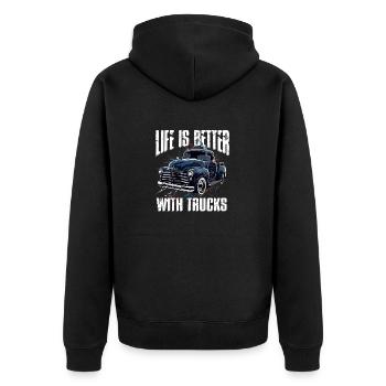 LKW Vintage Old Classic School Amerikanischer Pickup - Unisex Premium Bio Zip Hoodie - Schwarz - Hinten - Nico (187cm)