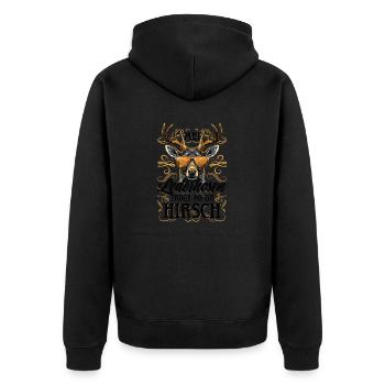 Mei Lederhosn is in da Wäsch Lederhose Ersatz - Unisex Premium Bio Zip Hoodie - Schwarz - Hinten - Nico (187cm)
