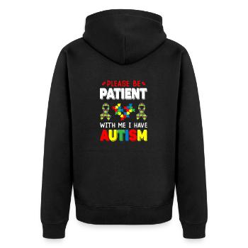 Bitte haben Sie Geduld mit mir, ich habe Autismus-Bewusstsein - Unisex Premium Bio Zip Hoodie - Schwarz - Hinten - Nico (187cm)