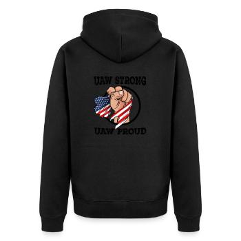 UAW Strong UAW Proud w/ USA FLAG - United Auto - Unisex Premium Organic Zip Hoodie - black - Back - Nico (187cm)