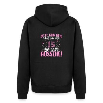 Bitte kein Neid 15 Jahre Einhorn 15. Geburtstag - Unisex Premium Bio Zip Hoodie - Schwarz - Hinten - Nico (187cm)