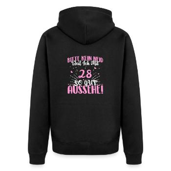 Bitte kein Neid nur weil ich nach 28 - Unisex Premium Bio Zip Hoodie - Schwarz - Hinten - Nico (187cm)