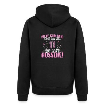 Bitte kein Neid, weil ich mit 11 so gut aussehe! - Unisex Premium Bio Zip Hoodie - Schwarz - Hinten - Nico (187cm)