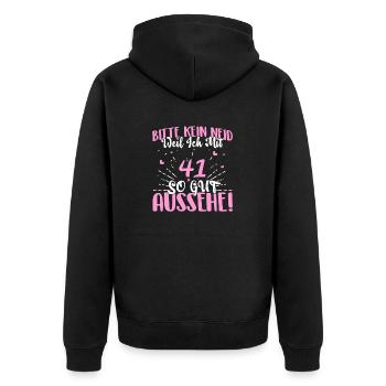 Bitte kein Neid weil ich mit 41 so gut aussehe! - Unisex Premium Bio Zip Hoodie - Schwarz - Hinten - Nico (187cm)