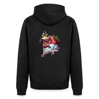 Frogs 'n' Hops: Ribbiting Brew Tee - Unisex Premium Bio Zip Hoodie - Schwarz - Hinten - Nico (187cm)