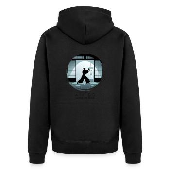 Aikido - Harmony in Motion & Strength in Balance - Unisex Premium Bio Zip Hoodie - Schwarz - Hinten - Nico (187cm)