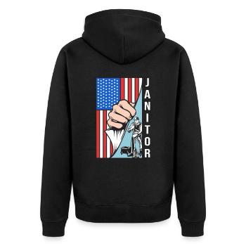 Hausmeister USA - Unisex Premium Bio Zip Hoodie - Schwarz - Hinten - Nico (187cm)