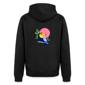 Bunter Tukan im Design "Farbenfroher Federfreund" - Unisex Premium Bio Zip Hoodie - Schwarz - Hinten - Nico (187cm)