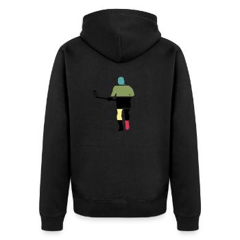 Floorball Unihockey unihoc "Floorballspieler" - Unisex Premium Bio Zip Hoodie - Schwarz - Hinten - Nico (187cm)