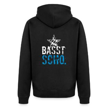 Basst scho - in zwoa Farbn mid oam Stean - Unisex Premium Bio Zip Hoodie - Schwarz - Hinten - Nico (187cm)