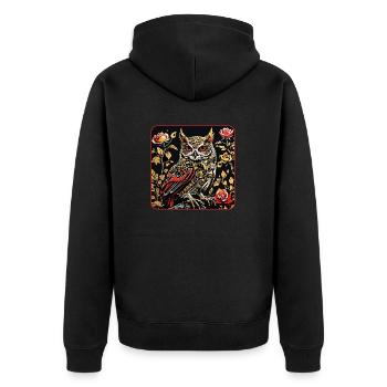 Hibou avec des vrilles de pétales de rose en aspect gravure sur bois - Veste à capuche bio Premium Unisexe - noir - Dos - Nico (187cm)