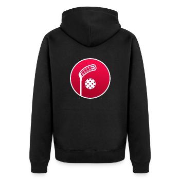Floorball Unihockey FLOORBALL Floorball-champ - Unisex Premium Bio Zip Hoodie - Schwarz - Hinten - Nico (187cm)