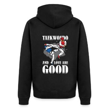 Taekwondo And love Are Good - Unisex Premium Bio Zip Hoodie - Schwarz - Hinten - Nico (187cm)