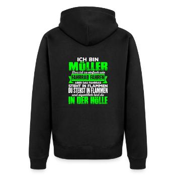 MÜLLER - Hölle - Unisex Premium Bio Zip Hoodie - Schwarz - Hinten - Nico (187cm)
