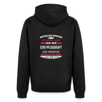EINE PFLEGEKRAFT - Unisex Premium Bio Zip Hoodie - Schwarz - Hinten - Nico (187cm)